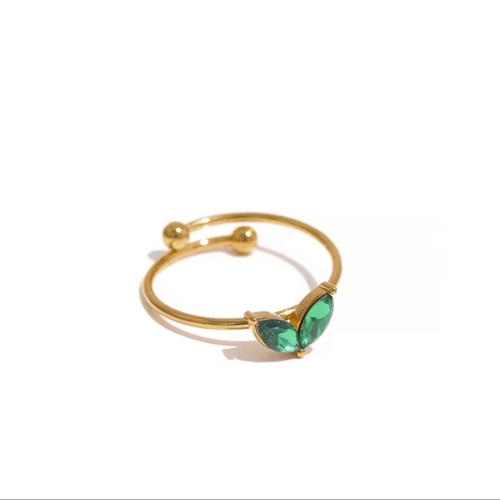 Fashion Ring Cubic Zirconia Green Leaves Adjustable Stainless Steel Gold Plated